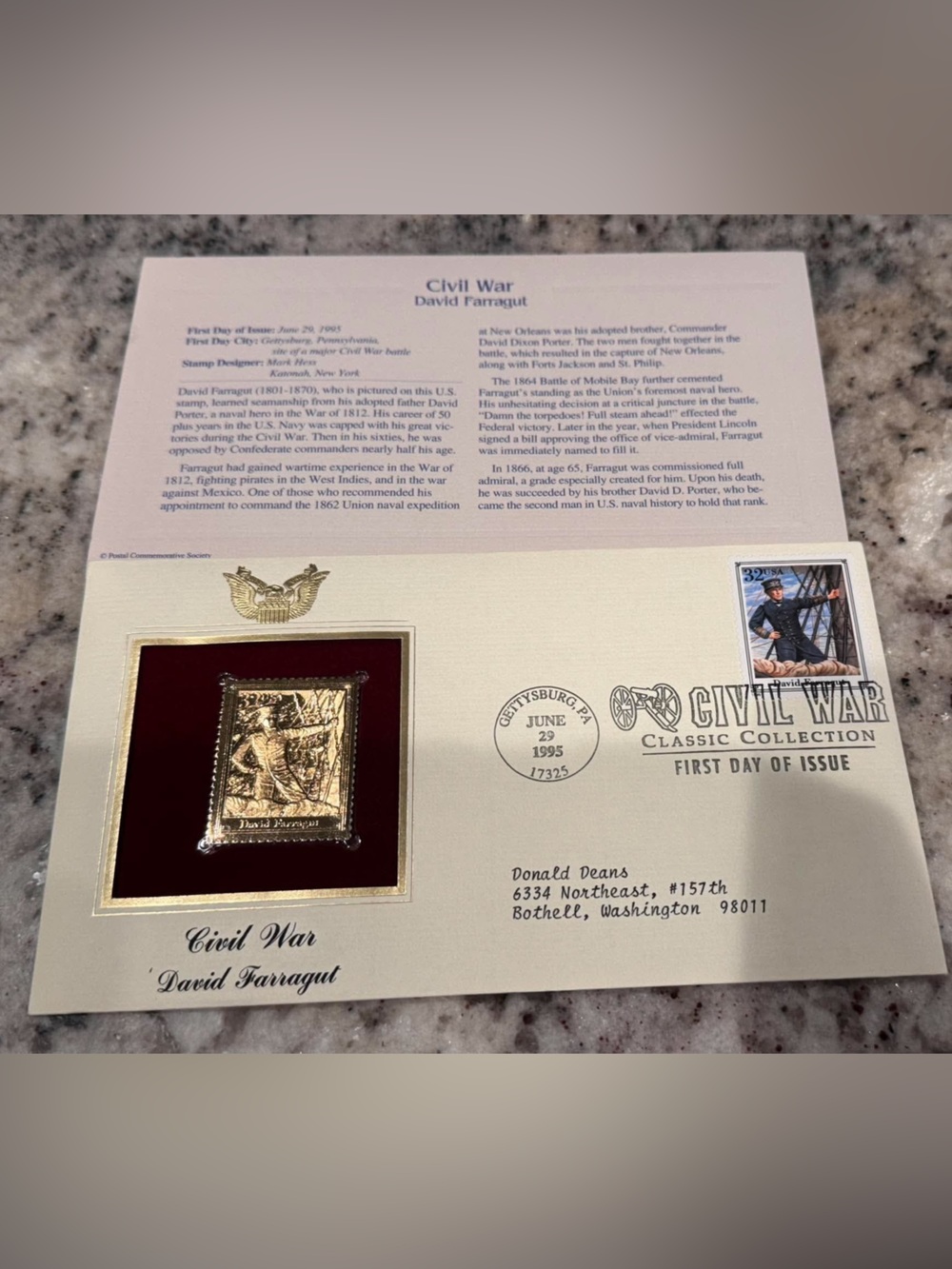 Vintage 1995 Gold stamped Civil War David Farragut Commemorative Stamp Plaque